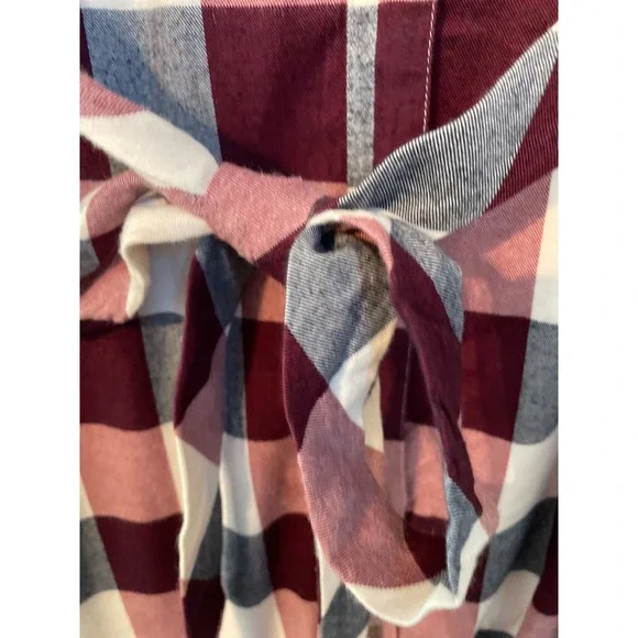 Faherty Size L Burgundy Plaid Flannel Button Down Belted Midi Shirt Dress - Picture 3 of 8